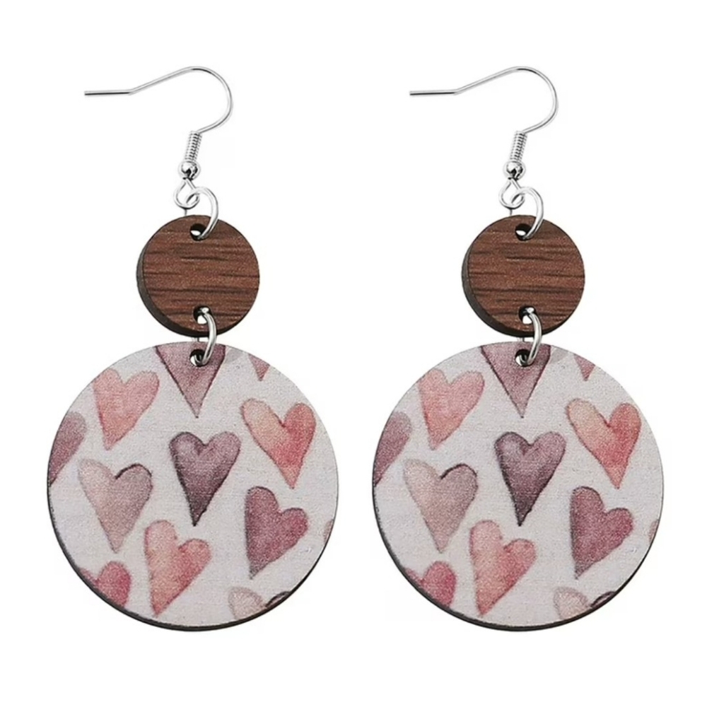 Hearts Wooden Heart Dangle Earrings New - Picture 2 of 4